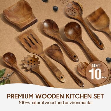 Набір кухонних аксесуарів з дерева (10 шт) з підставкою, лопатки, половники, половники для супу, ложки для салатів, виделки та ложки для салатів, набір кухонних аксесуарів з текового дерева, подарунок для кухарів та дому