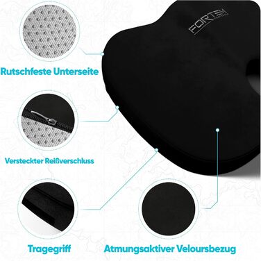 Подушка для сидіння та підтримки попереку FORTEM - м'яка, з Memory Foam, для офісного крісла, авто, геймінгу, чорна, велюр