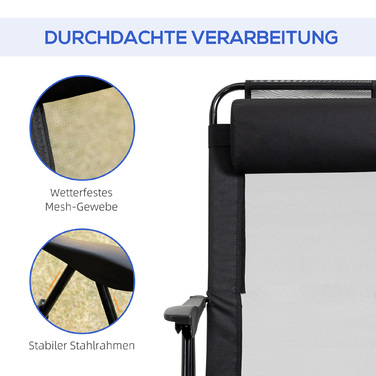 Набір з двох складаних стільців, розкладне ліжко, стійке до погодних умов, спинка з 5 положеннями, металевий каркас, чорний колір