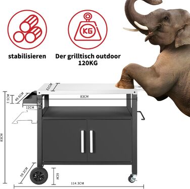 Набір для гриля з великою робочою поверхнею | Гриль-стіл, вуличний гриль-тролей, стіл з нержавіючої сталі для саду, срібно-чорний 112*59*82см