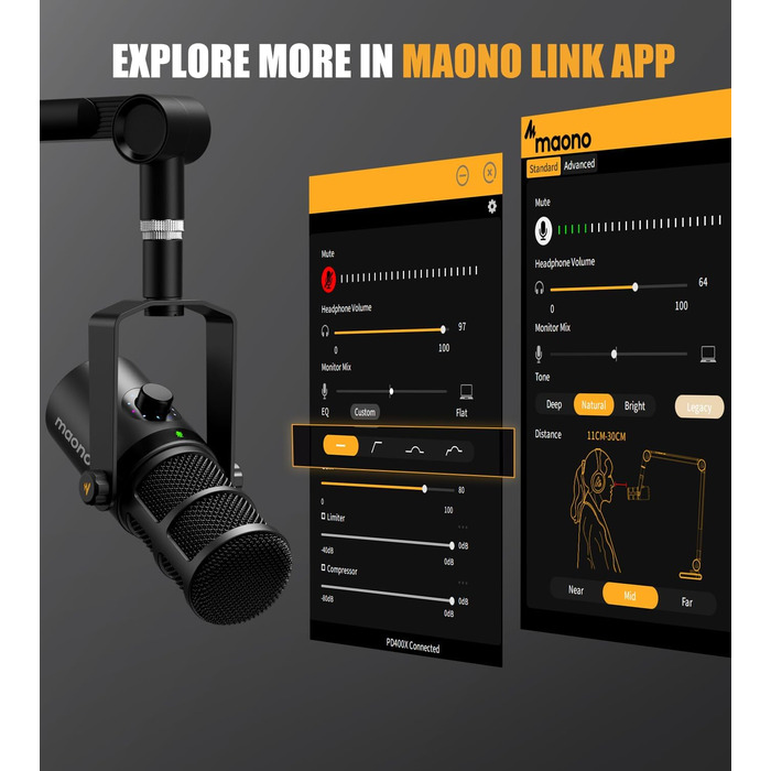 Динамічний мікрофон MAONO PD400X USB/XLR для подкастів, студії, стрімінгу, з регуляторами гучності, еквалайзером, функцією Tap-to-Mute та професійним софтом