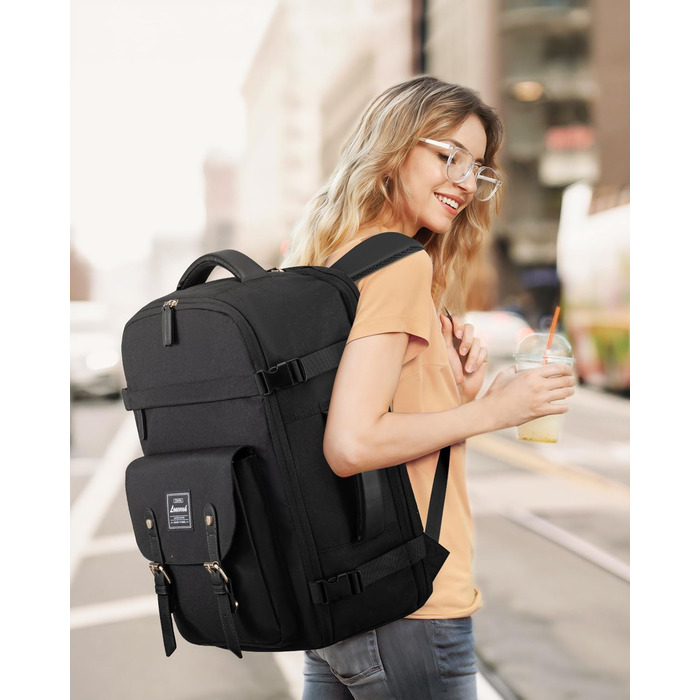 LOVEVOOK Рюкзак для ручної поклажі, жіночий рюкзак для подорожей, водонепроникний рюкзак для ноутбука 17 дюймів, шкільний рюкзак для жінок/студенток, чорний/коричневий (45x32x15 см)