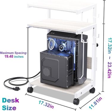 Регульована підставка для комп'ютерного блоку з 2 полицями та місцем для зберігання – для корпусів ATX, принтерів, з фіксуючими колесами (білий, W44 x D30 x H44-59.5см)