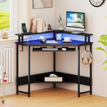 COSTWAY кутовий стіл з зарядкою, трикутник, LED-підсвітка, підставка для клавіатури та монітора, геймінговий, для дому/офісу (білий/чорний)