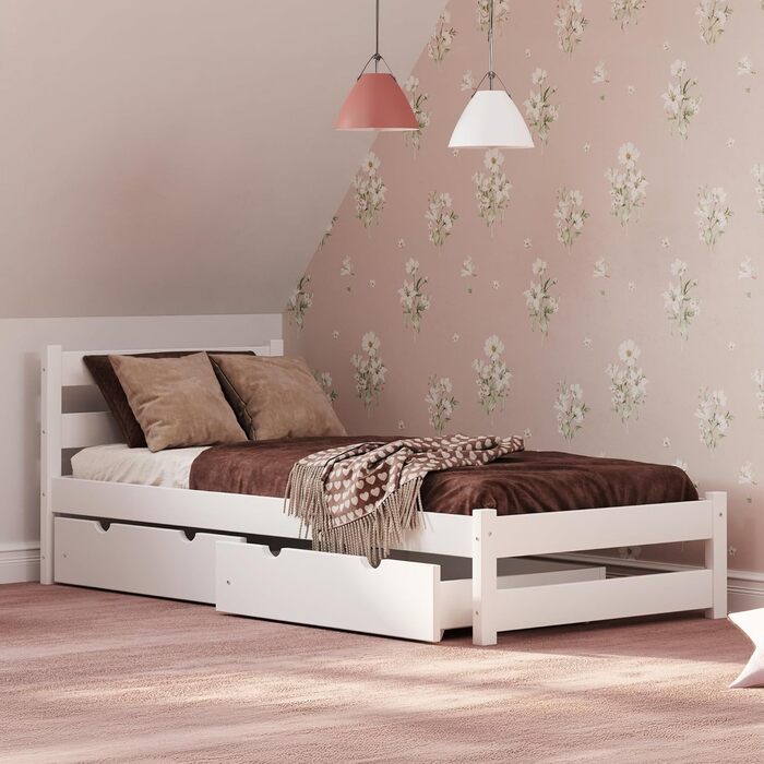 Ліжко дитяче Вробель Kinderbett 90x200 см з 2 шухлядами та ламелями - односпальне ліжко з масиву сосни - ліжко Монтессорі для дітей та підлітків, біле - без матрацу 90 x 200 см