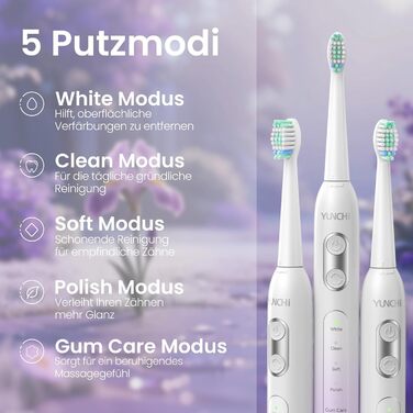 Електрична зубна щітка YUNCHI - звукова, для дорослих та дітей, 40000 VPM, USB-C, 5 режимів, 8 насадок + чохол, блакитна (C2 фіолетовий та білий)