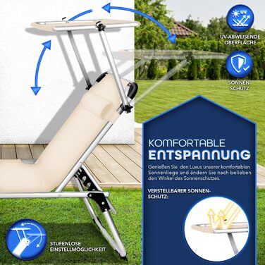 Сонячне ліжко Tillvex® з дахом та подушкою для голови | Садова лежанка, розкладний лежак | Пляжний лежак з регульованою спинкою | Алюмінієве ліжко (Basic, Бежевий)