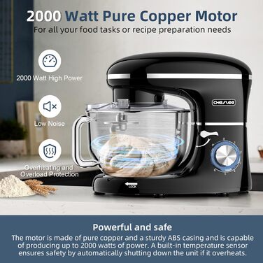 Кухонна машина Cheflee 2000W з чашею 6.2L з нержавіючої сталі, 6 швидкостей, низький шум, міксер, гак для тіста, захист від бризок, чорна