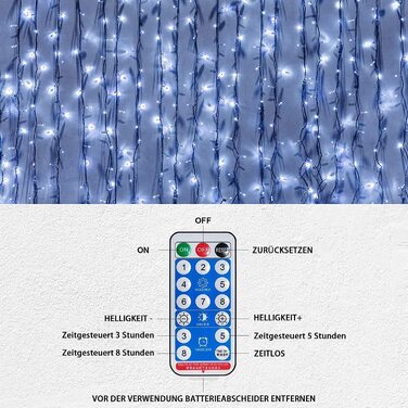 Завіса на сонячних батареях для зовнішнього освітлення, FANSIR 3 X 3 м, 300 світлодіодних гірлянд, завіса з 8 режимами дистанційного керування, водонепроникні гірлянди на сонячних батареях для прикраси саду, балкона, весілля ,Різдва, інтер'єру (холодний б