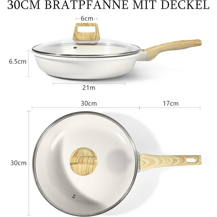 Сковорода з керамічним антипригарним покриттям GiPP – 24 см, здорова, нетоксична, для індукційних плит, без PFAS та PFOA, можна мити в посудомийній машині, з холодною ручкою, білий колір (білий, кришка 30+ см)