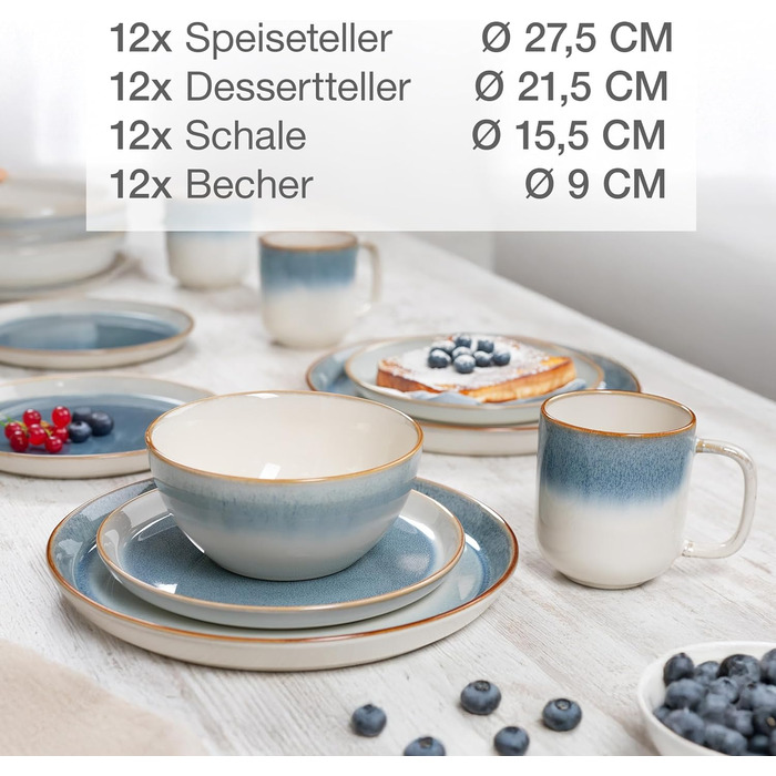 Набір посуду Moritz & Moritz TARENTO 48 предметів (12 осіб) - 48-місний набір посуду з високоякісної кераміки, 12 обідніх тарілок, 12 десертних тарілок, 12 супових тарілок та 12 чашок, блакитний колір