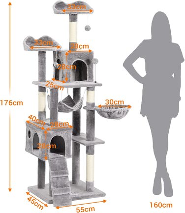 Котяче дерево MSmask велике, Альпіністське дерево з 2 оглядовими майданчиками, стійке котяче дерево з печерами сизалеві когтеточки гамак, для кішки (сірий)