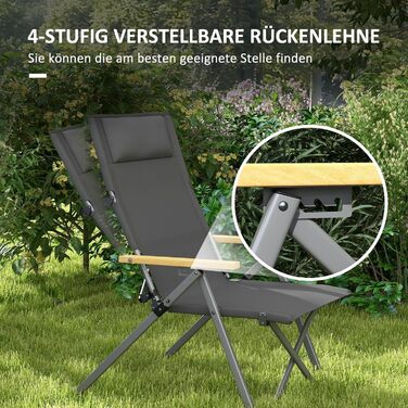 Складне садове крісло з 4-ступінчастою регульованою спинкою, підголівником, складним стільцем із сумкою для перенесення для басейну, пляжу, Оксфорда, (сірий)