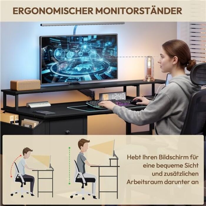 Кутовий стіл Yaheetech L-подібний з розетками 120x68 см, геймерський стіл з тримачем для монітора, 4 шухляди, 2 полиці, кишенька для зберігання, для дому/офісу (чорний)