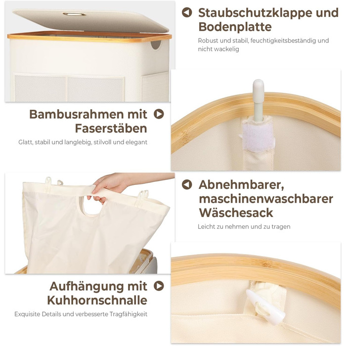 Кошик для білизни OUSFOT з кришкою, 3 відділення, 158л, сортер для білизни, знімний мішок, сітчаста кишеня, бамбукова коробка для білизни, бежевий