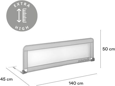 Бортик для ліжечка Jané Klappbares Kinderbettgitter Extra Hoch (140 см, сірий) - дихаючий, з сумкою для транспортування