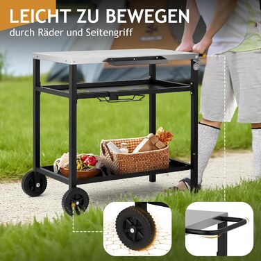 Гриль-візок LEADZM: гриль-стіл для вулиці, 95 x 45 x 83 см, стіл з нержавіючої сталі срібного кольору, на колесах, мобільний, сервісний візок для садів, чорний (97x51x83 см)