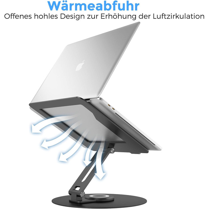 Підставка для ноутбука з поворотним основанням на 360°, регульована по висоті, ергономічна, з вентиляцією, складана, стабільна, з алюмінію для столу (чорна)