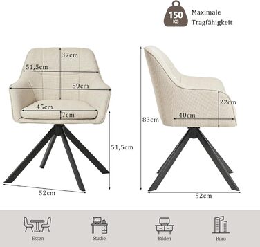 Набір з 2 обертових стільців для їдальні/кухні, бежевий, з підлокітниками, поліестер, металеві ніжки