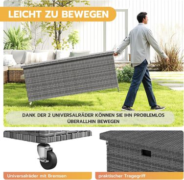 Водонепроникний садовий ящик для зберігання UDPATIO 480л з колесами, сірий 138x61 см | Ящик для подушок, стійкий до УФ-випромінювання та погодних умов для саду, балкону