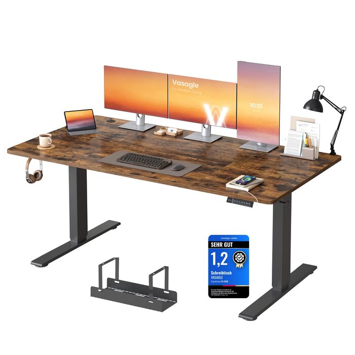Стол для роботи VASAGLE з регулюванням висоти, USB-C, підставка для розеток, стоячий стіл, нагадування про перерви, 3 пам'яті, 160x80 см, Vintage Brown (LSD146WZ02)