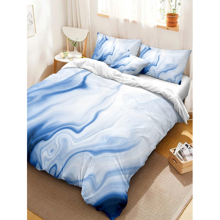 Сірий комплект постільної білизни 180x200 см Геометричний дизайн, двостороння постільна білизна з м'якої мікрофібри, гіпоалергенна, 3 частини: простирадло, ковдра та 2 наволочки 80x80 см. Сучасний дизайн, блакитна текстура.