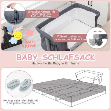 Двофункціональне ліжко-приліжкова стільниця Dreamade 2 в 1 з регулюванням висоти, з матрацом та колесами, 86 x 63 см, для новонароджених до 9 кг, з нахилом 10°, сірий колір