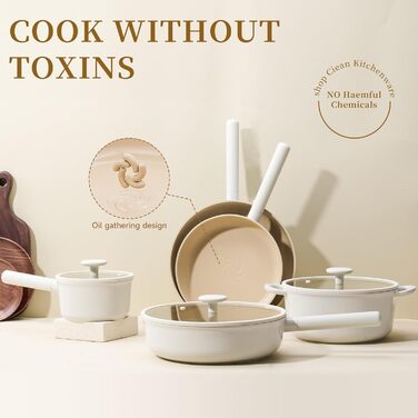 Набір посуду JEETEE 17 предметів з антипригарним покриттям Ceramic, знімні ручки. Каструлі 16/20/24 см, сковороди 24/28 см, глибока сковорода 28 см. Підходить для всіх типів плит, духовка, 17 предметів, бежевий