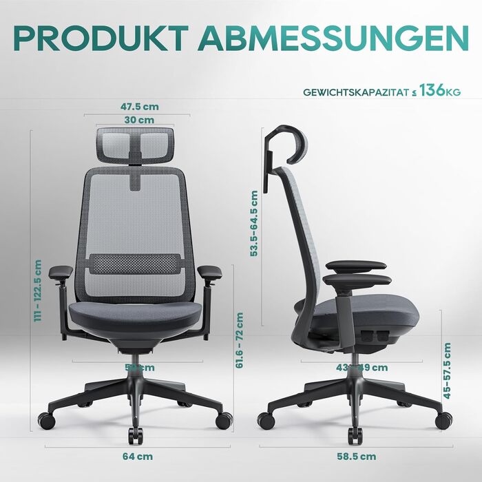 Ергономічне крісло Colamy для офісу, чорне: регульована глибина сидіння, 4D підлокітники, підтримка попереку (до 136 кг)