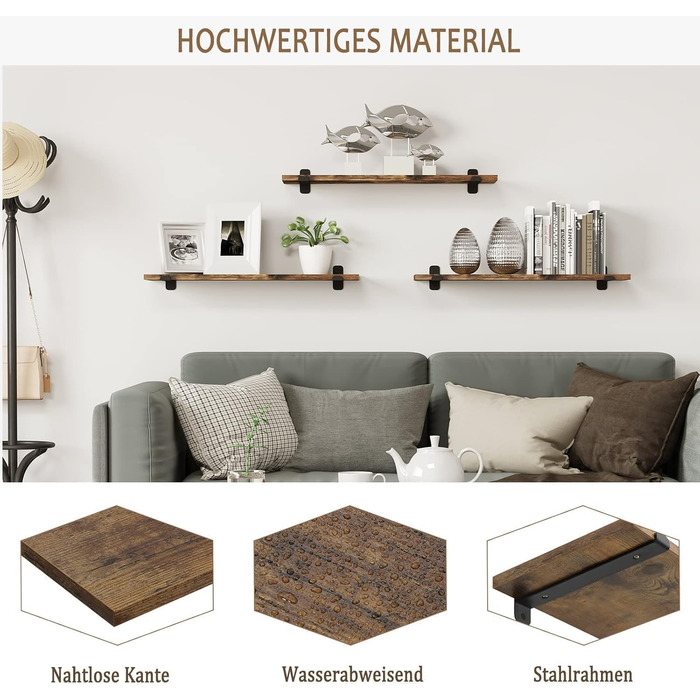 Полиця настінна EUGAD 3 шт., плаваючі полиці 60 см, дерев'яний декор вінтаж, настінні полиці для вітальні, кухні, офісу, ванної, витримує до 15 кг/полиця, коричневий вінтаж