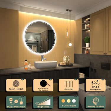 LED дзеркало для ванної кімнати KWW, регульована колірна температура, протитуманне, диммування, 60x60 см