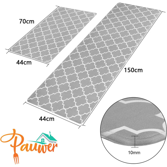 Килимок для кухні Pauwer 2 шт. и проти втоми, миється нековзний кухонний килимок і кухонний килимок для підлоги, маслостійкий і водонепроникний, простий у догляді, сірий 44 х 70 см 44 х 150 см 44 х 70 см 44 х 150 см