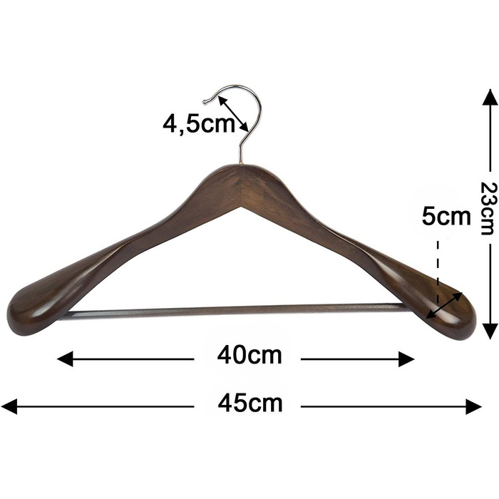 10 дерев'яних вішалок для костюмів з широкими плечима – протиковзні, 360° обертання, для сорочок, пальто, курток, штанів (волоський горіх, високоякісне дерево)