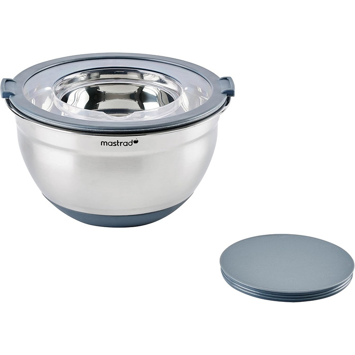 Набір міксерів Mastrad з нержавіючої сталі (3 шт.): 1,5L / 3L / 5L - салатниці з прозорим кришкою та ручками, для змішування, випічки, приготування та зберігання продуктів, придатні для миття в посудомийній машині