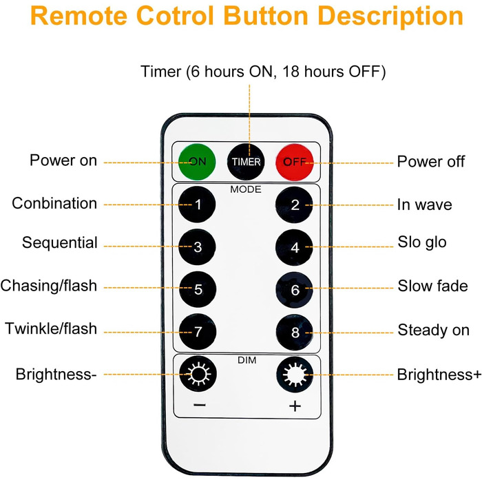Льотова гірлянда на батарейках, 5 метрів, 50 LED, з таймером та пультом, 8 режимів, вологостійка, тепле біле світло, для декору інтер'єру/екстер'єру, Різдво, сад, вечірка, весілля, 6 штук