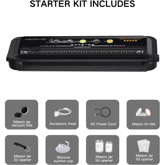 Вакууматор Megawise для продуктів з потужністю 80 кПа, автоматичний вакуумний пакувальник з режимами для сухих та вологих продуктів, чорний, комплект з 10 пакетами та різаком