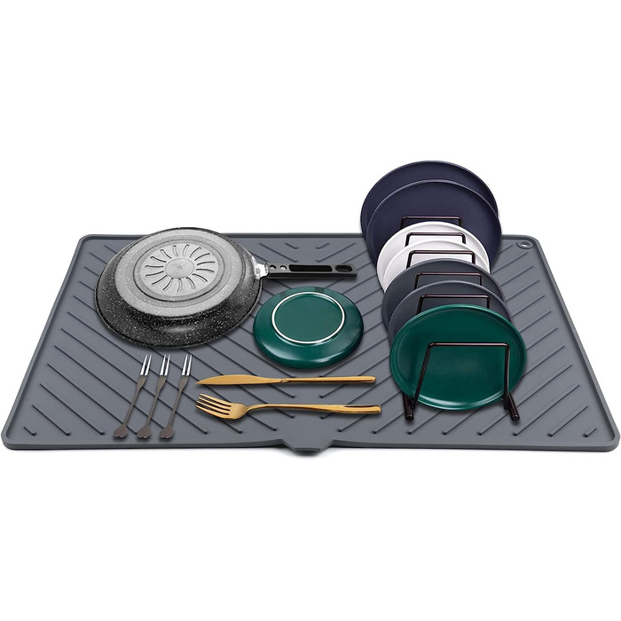 Силіконовий килимок для зливу IYYI, великий, екологічно чистий, термостійкий, придатний для миття в посудомийній машині, підставка для посуду, 60 x 38,6 см (великий розмір сірого кольору)