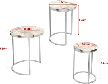 Стіл гніздовий Bornholm Журнальний столик в комплекті з 3 шт. Журнальний столик з шпильками для вітальні 3 шт. з металу і ДСП круглого мармуру, білого кольору