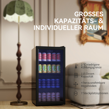 Міні-холодильник 93 л з скляними дверцятами, регульованими полицями, LED-підсвічуванням, регулюванням температури, розміром 47,2 x 43,7 x 83,3 см, чорного кольору