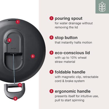 Салатниця Zyliss Easy Spin, 6 л, з мотузковим приводом, неслизьке дно, миска для подачі, AquaVent™-технологія, кнопка стоп, легко миється, сірий колір