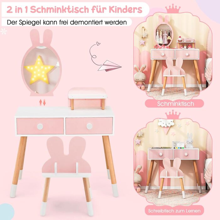 Дитячий туалетний столик COSTWAY з дизайном зайчика, 2-в-1 з дзеркалом, 2 шухляди та полиця, комплект для макіяжу з масивними дерев'яними ніжками для дівчаток (Рожевий)