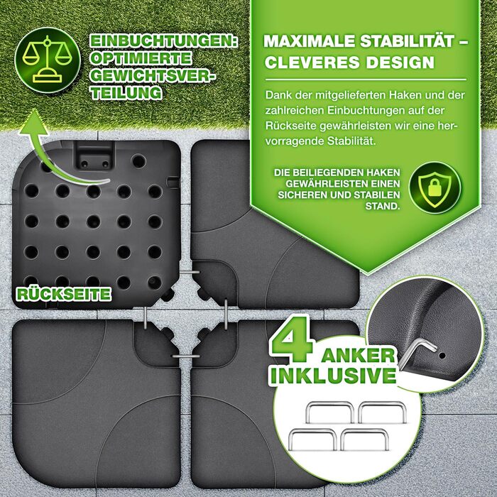 Сонцезахисний стійка Tillvex® на 60 літрів / 80 кг - 4 частини для альтанкового парасоля з металевим з'єднувачем | Заповнюється водою або піском | Стійка для парасоля Tillvex® вологостійка (Антрацит)