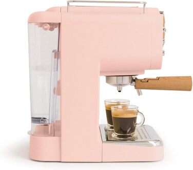 Еспресо-машина рожевий матовий і дерев'яний/Напівавтоматична, з насосом тиску 15 бар і резервуаром для води 1100 Вт, 1,25 л, для меленої кави, 55 мм. ESE- Стручки рожеві матові - дерево