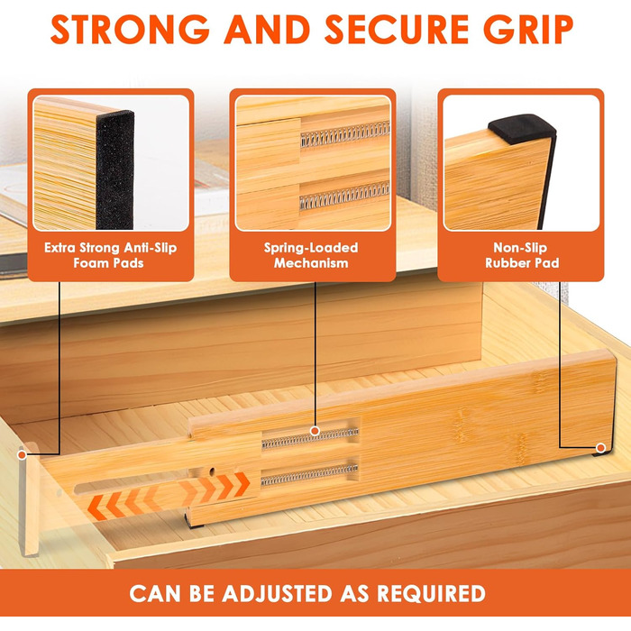 Органайзери для шухляд MUUKAIII: набір 6 шт. з бамбука, регульовані (43-56 см), для кухні та шафи - білий (натуральний)