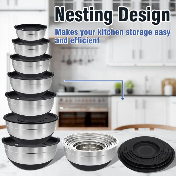 Набір міксерів BEWOS 7 шт. з кришкою, нержавіюча сталь, різні розміри, з терткою, антиковзаюче дно, чорний