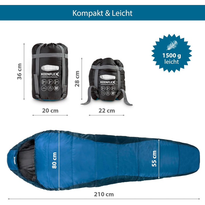 Спальний мішок KeenFlex 3-4 сезони, від +7.2°C до -23.4°C, 1500г/2150г, для літа й зими, для туризму, машинне прання