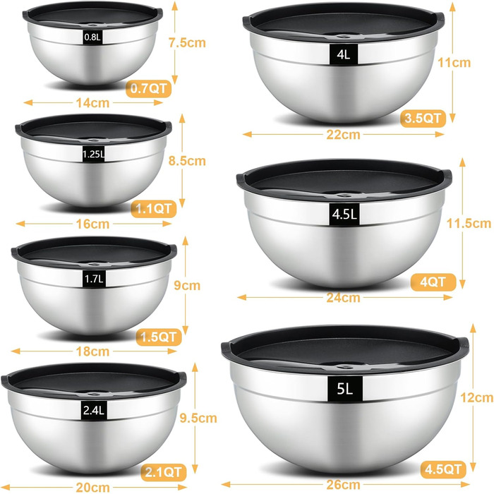 Набір місок для перемішування Hunnycook, 7 шт., нержавіюча сталь, з кришкою, для салатів, миття в посудомийній машині, 5L, 4.5L, 4L, 2.4L, 1.7L, 1.25L, 0.8L, сріблястий