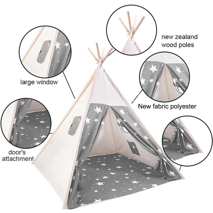 Дитяче намет-типі Camiraft сірого кольору, індійський намет-іграшка зі зірками для дітей, бавовняний намет для дівчаток та хлопчиків з сумкою, складаний дитячий домік для дому чи на вулицю