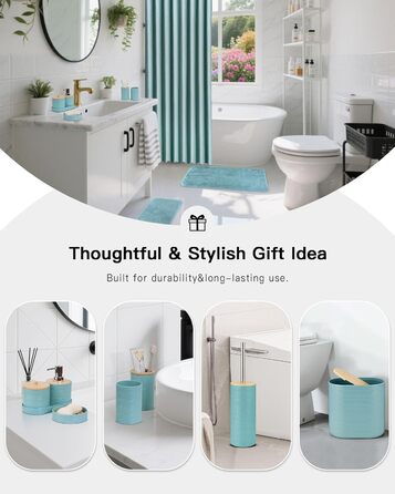 Набір аксесуарів для ванної кімнати IMAVO, 9 предметів: сміттєвий бак, дозатор мила, мильниця, тримач для зубних щіток, стакан для зубних щіток, тримач для унітазного йоржика, диспенсер для ватних паличок (Блакитний, 26 предметів + шторка для душу з факту