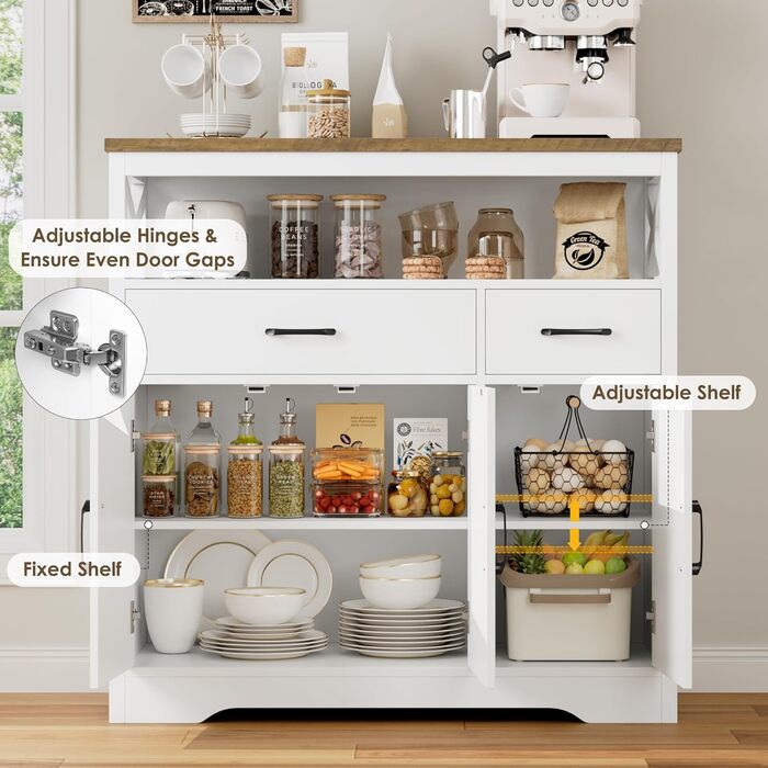 Сервант HOCSOK з 2 шухлядами та 3 дверцятами, кухонна комода, буфет з робочою поверхнею для вітальні/їдальні, регульована полиця, 105x100.5x39.5 см